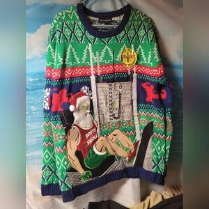 Blizzard Bay NWOT Mens Christmas Sweater Santa Weightlifting Drink Pocket Size M
